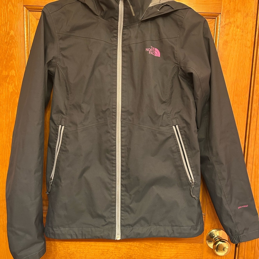 The North Face Dark Grey Jacket with Pink Logo